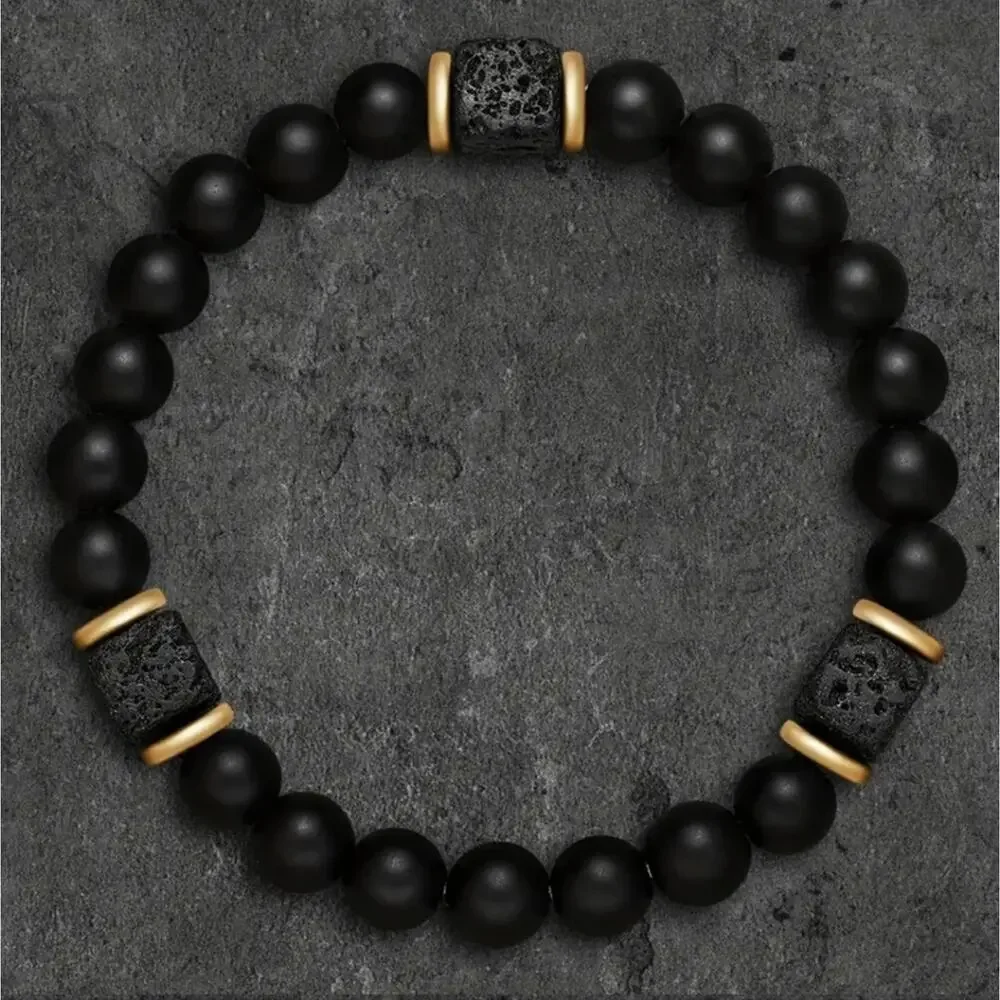 Men's lava rock and obsidian stretchy beaded bracelet with gold accents
